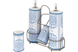 Baroni Home Menage - Aceite de vinagre de sal y pimienta de cerámica con soporte de metal, accesorio de cocina colorido, resistente, línea mayólica azul, 21 x 8 x 22 cm