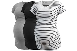 Smallshow Women's V Neck Maternity Clothes Tops Side Ruched Pregnancy T Shirt 3-Pack