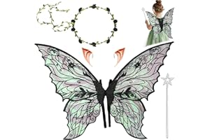 YEAHBOOM Feenflügel Kostüm,Schmetterlingsflügel mit Elfenöhren,Fee Stirnband und Sterne Feenstäbe,Feenflügel Erwachsene,Prinzessinnenflügel Damen,Geeignet Fasching Karneval Geburtstag Cosplay Party Halloween