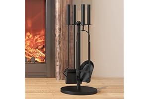 Kingson 5-Piece Fireplace Companion Set – Black Powder-Coated Steel – Includes Brush, Shovel, Poker, Tongs & Weighted Stand – Fireside Accessories for Wood Burner & Stove – Height 59.5cm