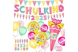 Elidepe Einschulung Mädchen, Einschulung Deko, Schulkind 2025 Mädchen Deko, Schulkind Schulanfang Deko, Schulkind & Zuckertüten Folienballon + Papierwimpel + Girlande + Zuckertüte ABC 123 Luftballons