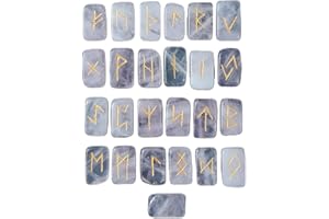 FASHIONZAADI Set di pietre runiche naturali di quarzo rosa con alfabeto runico Futhark Rettangolo di pietre rune parole per cristallo Guarigione Reiki Set regalo spirituale Dimensioni 15-20 mm