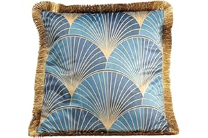 KARE Design cuscino Leaves Fringe, blu, oro, artigianale, unico, decorativo, fantasia floreale, con cerniera, cuscino da divano, letto, sedia, stile floreale, asia, fiori, 45x45x12 cm (A/L/P)