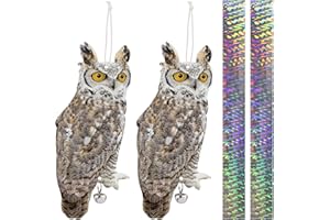 Lifreer Lot de 2 appareils anti-oiseaux réfléchissants en forme de chouette à suspendre Décoration répulsive pour oiseaux avec ruban réfléchissant pour effrayer les oiseaux loin du jardin, patio