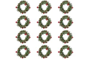 Rumyve 12pcs Holly Berry Napkin Holders,Christmas Wreath Napkin Rings,Artificial Green Mini Candle Wreath for Xmas Anniversary Dinners Party