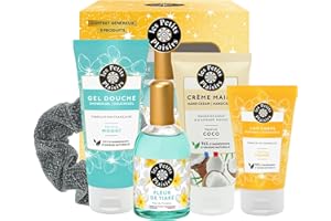 Les Petits Plaisirs - Coffret parfum Fleur de tiaré, Eau de toilette femme, Gel Douche, Crème Mains, Lait corps, Coffret cadeau femme, Made in France, 5 produits
