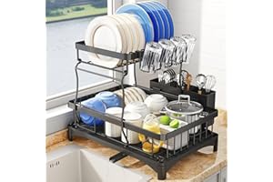 SAYZH Dish Drainer Rack, Detachable 2 Tier Dish Draining Rack and Drain board Set, Large Capacity Dish Drainer Organizer Shelf with Utensil Holder, Cup Rack for Kitchen Counter, Black