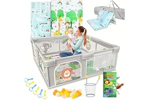 BELLEBEBE - Parc Bebe - 120x120cm - Avec Tapis Pliable, 50 Balles Colorées, Panier de Jeu et Livre Sensoriel Animaux - 6 Poignées, Sac de Transport - Sécurisé et Facile à Monter - Design Jungle