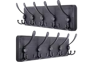 SKOLOO Coat Rack Wall Mounted - Pack of 2, Wooden, Heavy Duty, Rustic Coat Hooks for Wall, 16'' Hole to Hole, Wall Coat Rack with 5 Triple Hooks for Hanging Clothes, Jacket, Hat(Black)