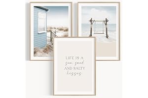 OHBIMBA® Set De 3 Cuadros Decoracion Salon Modernos Con Laminas Decorativas Pared Decoracion Marinera - Cuadros Decorativos Decoracion Pared (Blue Beach, Láminas 30 x 40 cm - Sin Marco)