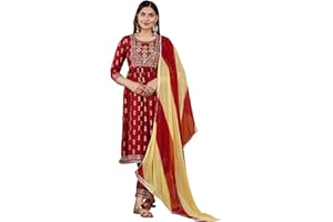 COTTON HTHRANG Indische Damen-Tunika-Tops, Handarbeit, Viskose, Seitenschlitz, Anarkali, Kurti-Hose, Set mit Chiffon, Dupatta, Kastanienbraun