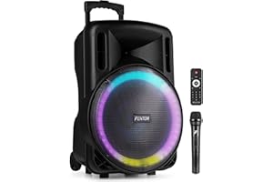 Fenton FT15LED MK2 15" Portable PA System - 800W Bluetooth Wireless Speaker with Microphone, Rechargeable Battery, LED Lights, USB & MicroSD Playback for Party, Karaoke and Events