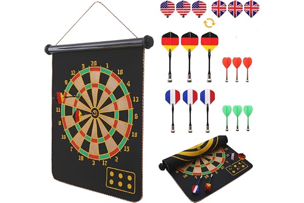 ROLEDY® Jeu Fléchette Enfant Cible de Flléchettes Magnétique - 12 fléchettes et 6 ailettes de Rechange - Cadeau pour 4, 5, 6, 7, 8, 9, 10, 11, 12 Ans - Jeu d'intérieur et d'extérieur Enfant