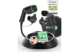 SPARK-E Typ 2 Ladekabel 22kW 7M für EV Elektroautos inkl. Tasche - Ladekabel E Auto - 32A3P Ladekabel Typ 2 - Ladekabel Elektroauto Typ 2 - Mode 3 Ladekabel Typ 2 - Ladekabel Typ 2 22kW - Wallbox