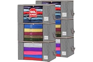 OH MY HOME Clothes Storage Bags with Zips 90L Pack of 6 Large Capacity Foldable Breathable Storage Boxes with Thick Reinforced Handles Transparent Window Grey Storage Bags for Toys, Clothing, Bedding, Blankets