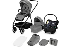 LIONELO MERIL 3 in 1 Wielofunkcyjny Wózek Dziecięcy 0-48 Miesięcy Do 22 Kg, Gondola Do 9 Kg, Fotelik Samochodowy Do 13 Kg, Koła Terenowe 360°, Pełna Amortyzacja, Budka XXL UPF50+ (Szary)