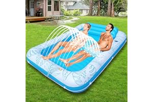 QEPI TIUO Flotador inflable extragrande de 85 x 57 pulgadas para piscina de bronceado con aspersor y portavasos, balsa de piscina para adultos para patio trasero, playa o lago, rosa/azul, PVC duradero, soporta