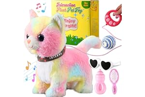 Marsjoy Colorful Leash Walking Cat Set Singing That Purrs and Meows Animated Plush Robot Kitten Moving Plush Realistic Stuffed Animal Remote Control Cute Kawai Robotic Kitty Toy for Girl