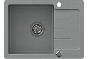 VBChome Spülbecken Grau 60 x 44 cm Granit Einzelbecken Einbauspüle gesprenkelt reversibel Verbundspüle + Siphon Waschbecken