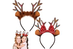 BEIPEGIN 2PCS Diadema Reno Navidad, Brillante Diademas Navideñas con Cuernos de Reno, Orejas Reno y Campana, Renos Diadema Navidad Diadema de Reno Niños Adultos para Fiestas de Navidad y Accesorios Navideños