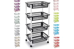 PLASTIFIC Plastic Storage Trolley Unit with Wheels Utility Kitchen Cart Vegetable Rack Fruit Basket Corner Shelf for Kitchen Bedroom Bathroom Living Room Office (4 - Tier - Dark Grey)
