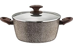 Pintinox Casseruola Alluminio Serie Natura, Antiaderente Effetto Pietra, Manico Effetto Legno, Coperchio in vetro con pomolo soft-touch , Adatta all'Induzione, Diametro 28 cm
