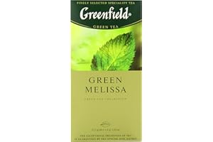GREENFIELD Green Melissa | 25 torebek herbaty | aromatyzowana zielona herbata z miętą i melisą cytrynową | zawiera kofeinę | wysokiej jakości | bez glutenu | koszerna | smakowa zielona herbata, mięta i melissa | (25 x 1,5 g); 37,50 g