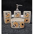 Kaolinite Ceramic Bathroom Accessories Set for Utility and Bathroom Decor | Liquid Soap Dispenser, soap Tray, Toothbrush Holder Hand Crafted/Haand Painted Sunflower Print
