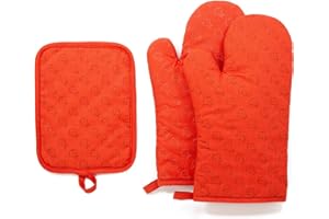 Chef Pomodoro Set de Guantes y Salvamanteles, Pack de 3, con Silicona, Guantes Resistentes, Antideslizantes, para Barbacoa, Parrilla, Hornear, Cocinar, Microondas (Naranja)