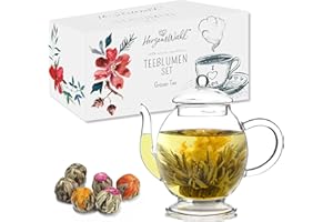 ‎HERZENSWAHL HerzensWahl Teeblumen Geschenkset mit Kanne | 6x Teeblumen, 1x Teekanne & Geschenkbox | Erblühtee | Teerosen Probierset | grüner Tee – Teeblumen & (Teekannen Set) für Teeliebhaber