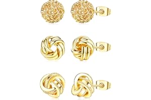 Roheafer 3 Paires Boucles d'Oreilles Noeud d'Amour en Or pour Femmes Filles Boucles d'Oreilles à Clous Tissé Plaqué Or 14K Boucles d'Oreilles Post Noeud d'Amour pour Oreilles Sensibles