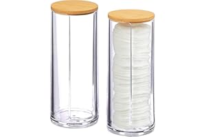 Relaxdays Set da 2 Dispenser per Dischetti di Cotone, Acrilico, Cilindrico, Coperchio, Bagno,20x7cm,Trasparente/Naturale, bambù, 2 px, 2 unità