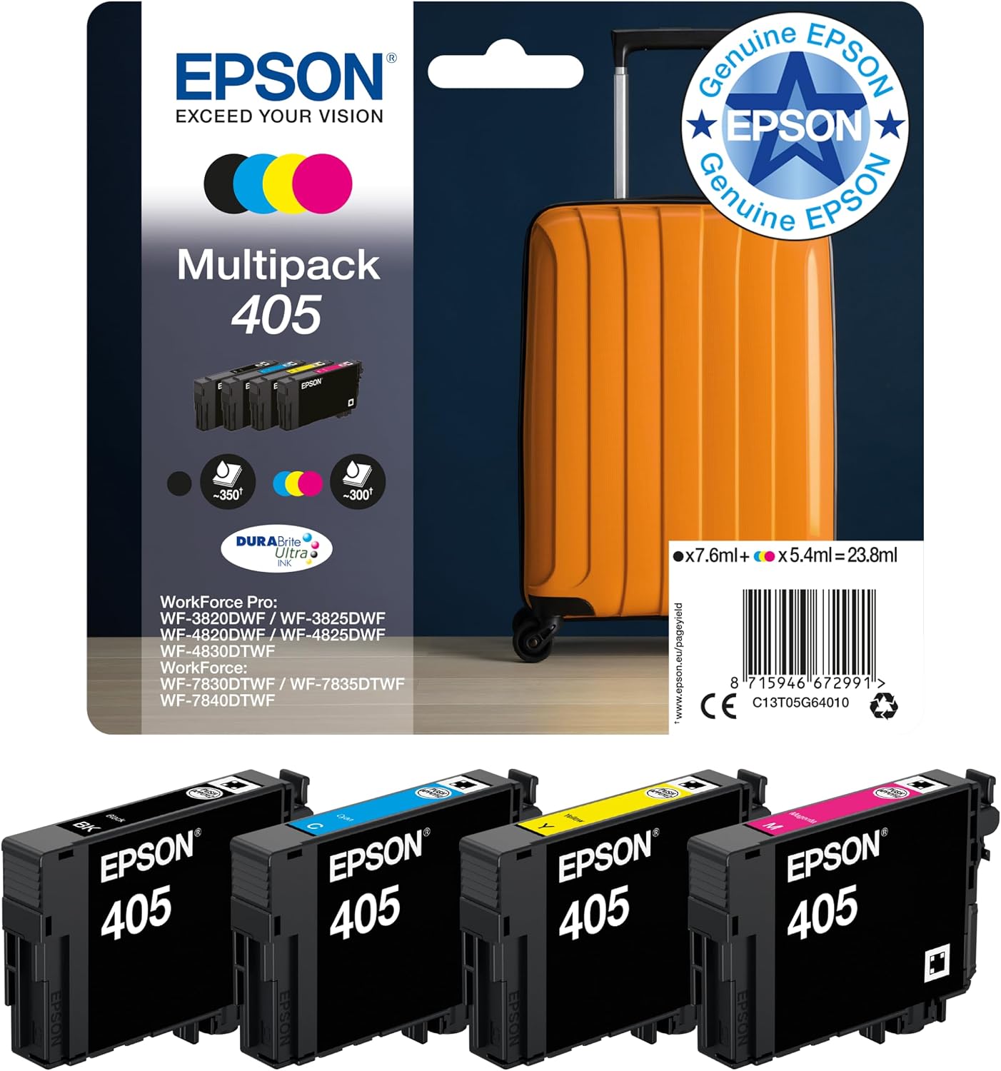 Epson 405 Suitcase Genuine Multipack, 4-colours Ink Cartridges, DURABrite Ultra Ink