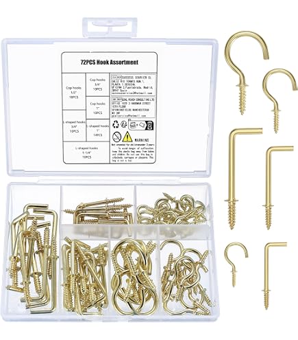 YELARXI 60-Pack L-Shape Screw Hooks – Brass-Plated Steel, 1" Rod, Right Angle Hooks For Home, Office & Workplace (Gold)