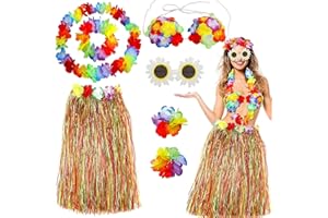 FMKLDENA 7 Stück Hawaiian Hula Set, Hawaii Party Kostüm Set mit Halskette Armbänder Stirnband Blume BH Haarblume und Sonnenbrille, Sommer Hawaii Strand Tropische Fasching Party Kostüm