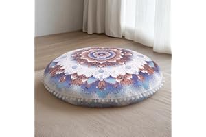 DAWNYIELD Meditation Floor Cushion, Round Floor Pillow with Washable Removable Cover, 80cm Large Ergonomic Yoga Floor Pillow for Adults with Pom-Pom Accents, Indoor/Outdoor Use, Light Blue
