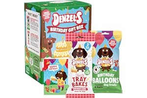 Denzel's Dog Treats Mini Birthday Gift Box - Birthday Cake Chews with Peanut Butter & Strawberry + Balloon shaped Treats with Coconut & Apple - 110g