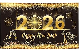 HOWAF Decoración de Fiesta de Nochevieja de Oro Negro, Póster de Tela Cartel Extra Grande para año nuevo Fondo de Foto Props Pancarta de Fondo Pancarta de Fiesta de Nochevieja 2026