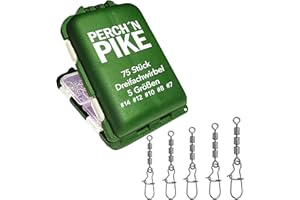 ‎PERCH`N PIKE PERCH`N PIKE 75 Dreifachwirbel im Set inkl. Box Duo-Lock Snap, 3-17 kg, Angelwirbel Set zum Spinnfischen, 5 Größen Sbirolino Wirbel für Forellen, Angelzubehör für Forellenangeln