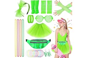 Beamely Déguisement Années 80 Femmes Filles Tutu,Sac Banane,Boucles D'oreilles,Gants en Résille,Collier,Lunettes,Bandeau,Jambières,Bracelet,Tenue Rétro Disco Costume Vêtement Fête Néon Tutu Fluo