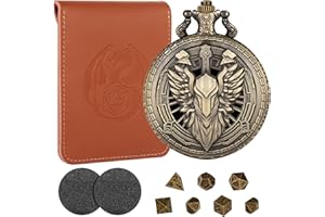 LKKCHER DESIGN Mini Dice Set with Bronze Hollow Paladin Knight Warrior Pocket Watch Shell Case - D&D Gifts with Dice Bag, 7pcs Polyhedral Metal D&D Dice Set, Starter Set for Role Playing Board Games Accessories