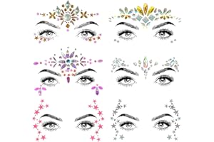 SHINEYES Lot de 6 autocollants en strass pour visage à paillettes pour fête de musique, festival, vacances, Halloween, Noël, tatouage temporaire pour anniversaire, carnaval