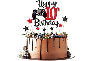 Joyeah Happy 10th Birthday Cake Topper Glitter Video Game Cake Pick Game On Cheers to 10 Years Cake Decoration for Game Theme Happy 10th Birthday Party Supplies Red