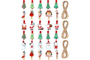 KIIWAH 30 drewnianych klamerek na Boże Narodzenie, małe klipsy na zdjęcia, figurki bożonarodzeniowe, spinacze do bielizny, do dekoracji bożonarodzeniowych