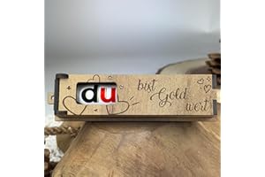 Urhome Holzbox Du bist Gold Wert Gravur mit Duplo Schokoriegel - Herzen Geschenkbox mit Spruch inkl. Schokolade Riegel - Danke Geschenk Holz Box graviert für Freund Männer Partner