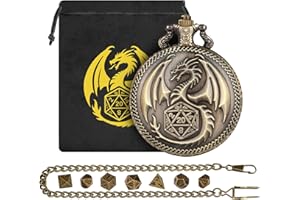 DND DADO Mini Set di Dadi DND con Custodia per Orologio da Tasca Steampunk Dragon, 7 Dadi Poliedrici in Metallo, Regali D&D Con Sacchetto Regalo Logo Drago, RPG, MTG, Accessori per Giochi di Ruolo, Bronzo