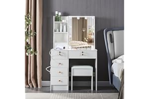 SAIHEMEI Dressing Table Set, Makeup Table with 6 Drawers and Shelves, Vanity Desk with Chair and Mirror Lights for Girls Women