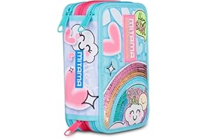 Mitama Astuccio Scuola 3 Scomparti, SUPER TRIPLO RAINBOW LOVE, Contenuto 47 pz, Completo di Matite, Pennarelli, Portapenne Scuola Elementare Bambina