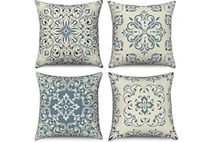 Hnmdmyi Funda de Cojín Boho 45x45 Juego de 4, Azul Vintage Geométrico Mandala Floral Decorativo Lino Cuadrado Funda de Cojín para Sofá Cama Jardín Exterior Home Decor