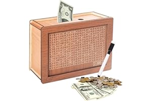 ZSYIULIA Cash Vault Money Bank Box With Erasable Pen, Decorative Wooden Savings Box for Home Adults Kids